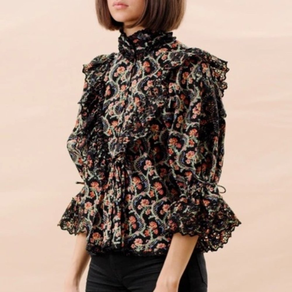 BYTIMO Dark Wallpaper Floral Ruffle Blouse